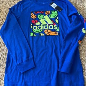 Adidas Boys Kids Blue Graphic Long Sleeve Cotton Shirt Size Large 14/16 NWT